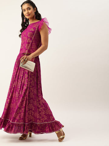 Varanga Women Pink & Gold-Toned Printed Top with Skirt